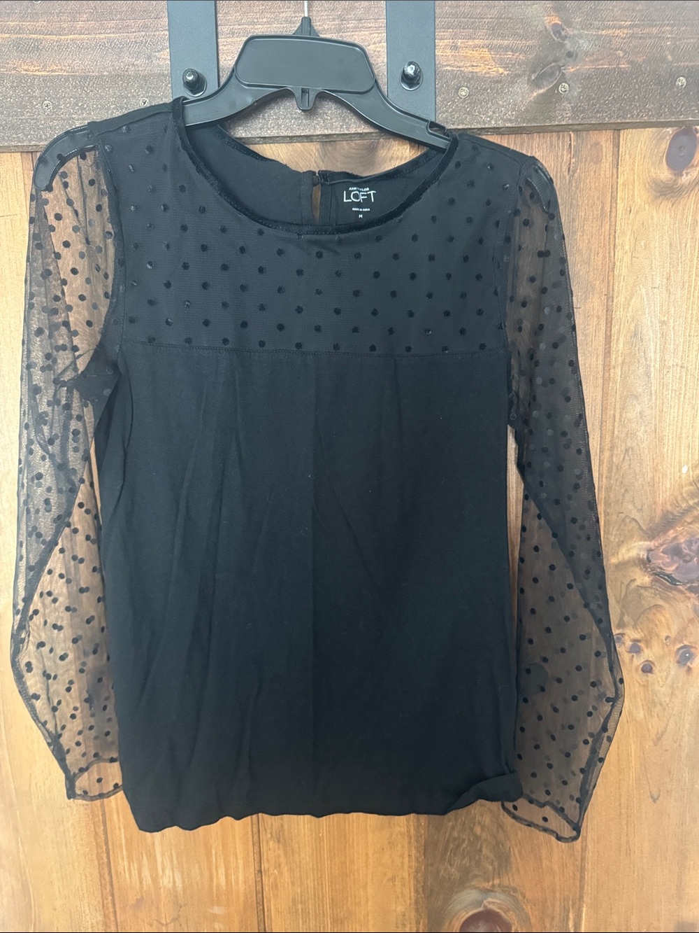 LOFT Black Sheer Polka Dot Sleeve Mixed-Media Blouse